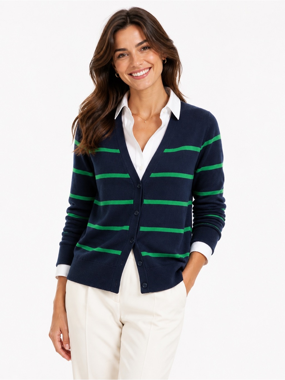 The Limited Navy Cardigan with Green Stripes